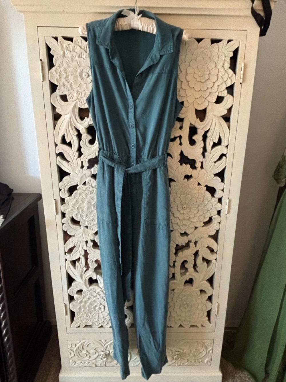 cloth & stone Teal Sleeveless Button-Front Jumpsuit with Waist Tie